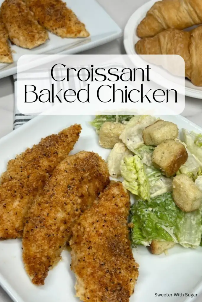 This buttery Croissant Baked Chicken is flavorful and delicious. Buttery, flaky croissant bread crumbs coat tender, juicy chicken. Then, the chicken pieces are baked to golden perfection. This easy and delicious dish is perfect for family dinners, potlucks, or a cozy weeknight meal! #CroissantBakedChicken #ComfortFood #EasyDinnerRecipe #BakedChicken #FamilyMeals #WeeknightDinner #WaysToUseCroissants #BreadedChicken