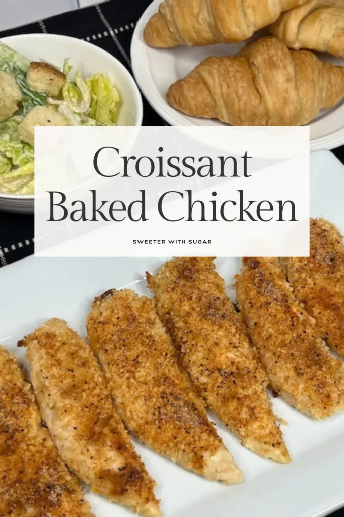 This buttery Croissant Baked Chicken is flavorful and delicious. Buttery, flaky croissant bread crumbs coat tender, juicy chicken. Then, the chicken pieces are baked to golden perfection. This easy and delicious dish is perfect for family dinners, potlucks, or a cozy weeknight meal! #CroissantBakedChicken #ComfortFood #EasyDinnerRecipe #BakedChicken #FamilyMeals #WeeknightDinner #WaysToUseCroissants #BreadedChicken