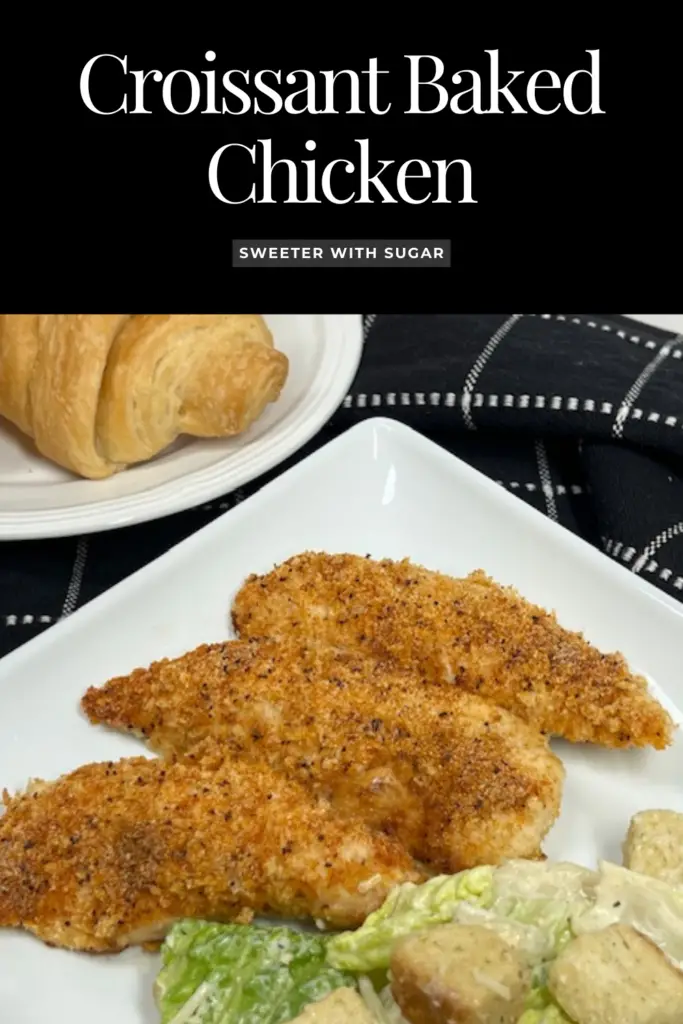 This buttery Croissant Baked Chicken is flavorful and delicious. Buttery, flaky croissant bread crumbs coat tender, juicy chicken. Then, the chicken pieces are baked to golden perfection. This easy and delicious dish is perfect for family dinners, potlucks, or a cozy weeknight meal! #CroissantBakedChicken #ComfortFood #EasyDinnerRecipe #BakedChicken #FamilyMeals #WeeknightDinner #WaysToUseCroissants #BreadedChicken