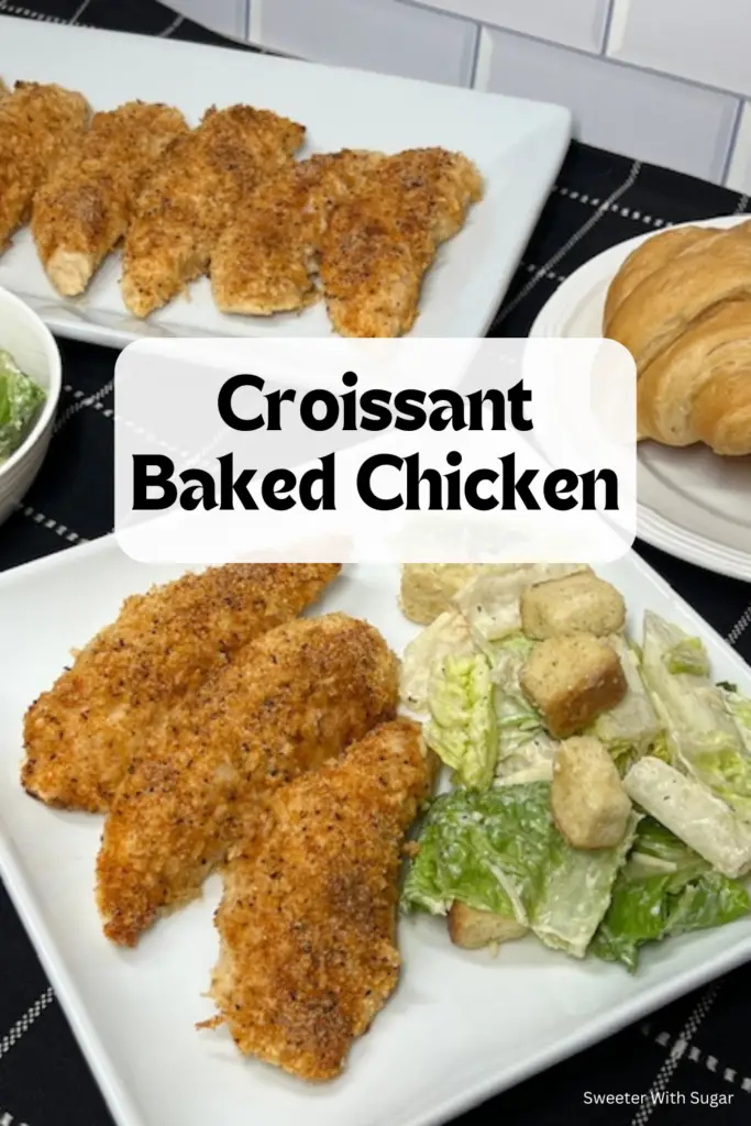 This buttery Croissant Baked Chicken is flavorful and delicious. Buttery, flaky croissant bread crumbs coat tender, juicy chicken. Then, the chicken pieces are baked to golden perfection. This easy and delicious dish is perfect for family dinners, potlucks, or a cozy weeknight meal! #CroissantBakedChicken #ComfortFood #EasyDinnerRecipe #BakedChicken #FamilyMeals #WeeknightDinner #WaysToUseCroissants #BreadedChicken