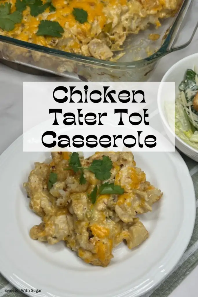 Dig into this easy, comfort food Chicken Tater Tot Casserole! It is made with tender chicken, a creamy sauce, cheese, and tater tots. This family-friendly dish is perfect for weeknight dinners or potlucks. Packed with flavor and simple ingredients, it’s a satisfying meal everyone will love. #ChickenTaterTotCasserole #ComfortFood #EasyDinnerRecipe #FamilyFriendlyMeals #WeeknightDinnerIdeas #CasseroleRecipes #TaterTotRecipes