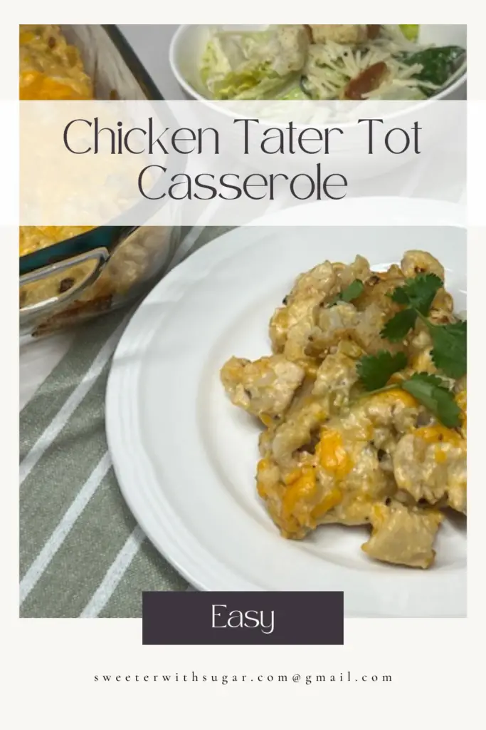 Dig into this easy, comfort food Chicken Tater Tot Casserole! It is made with tender chicken, a creamy sauce, cheese, and tater tots. This family-friendly dish is perfect for weeknight dinners or potlucks. Packed with flavor and simple ingredients, it’s a satisfying meal everyone will love. #ChickenTaterTotCasserole #ComfortFood #EasyDinnerRecipe #FamilyFriendlyMeals #WeeknightDinnerIdeas #CasseroleRecipes #TaterTotRecipes