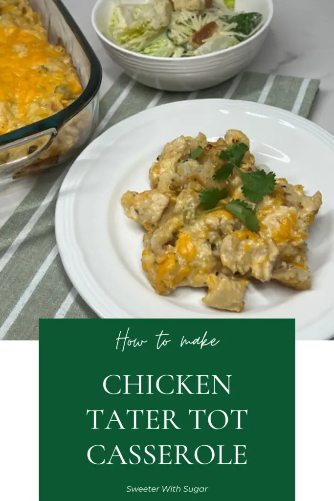 Dig into this easy, comfort food Chicken Tater Tot Casserole! It is made with tender chicken, a creamy sauce, cheese, and tater tots. This family-friendly dish is perfect for weeknight dinners or potlucks. Packed with flavor and simple ingredients, it’s a satisfying meal everyone will love. #ChickenTaterTotCasserole #ComfortFood #EasyDinnerRecipe #FamilyFriendlyMeals #WeeknightDinnerIdeas #CasseroleRecipes #TaterTotRecipes