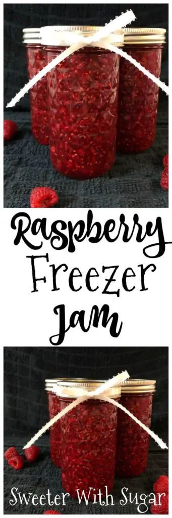 Raspberry Freezer Jam is a sweet jam recipe made with fresh raspberries. It is simple to make and stored in the freezer for use all winter long. #FreezerJams #RaspberryJam #FreshRaspberryJam #HomemadeJamRecipes #HomemadeFruitSpreads