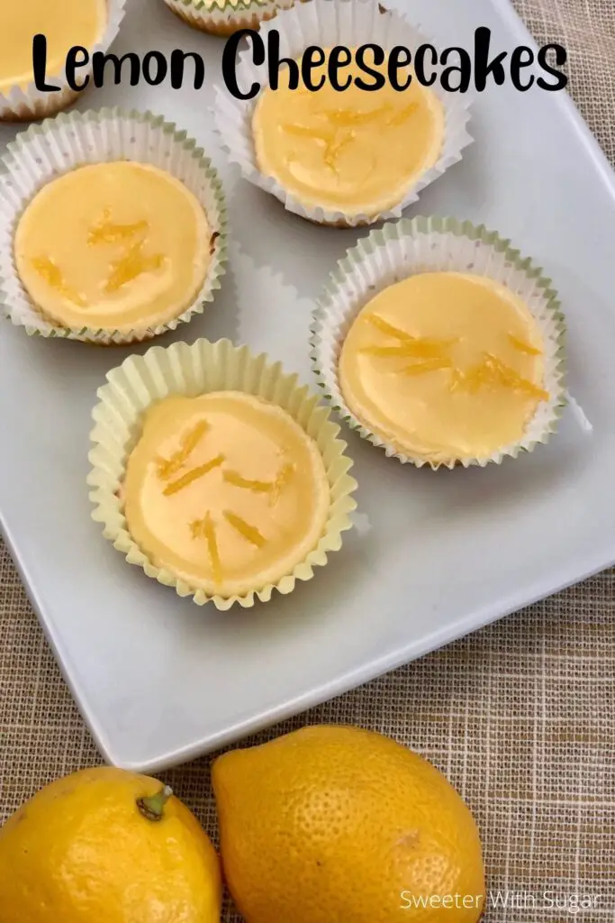 Mini Lemon Cheesecakes are perfectly sweet and lemony! Made with a creamy lemon-infused filling, these bite-sized treats are perfect for parties, gatherings, or a refreshing dessert anytime. Easy to make and full of citrusy flavor, they’re a hit with lemon lovers and cheesecake fans alike! #MiniLemonCheesecakes #EasyDesserts #LemonLovers #PartyTreats #BiteSizedDesserts #CheesecakeRecipe #HomemadeDesserts