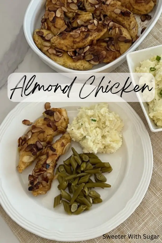 Almond Chicken is easy to make. The chicken is dipped in flour and seasonings and fried in butter before baking. This is a delicious chicken dish! #ChickenRecipes #ChickenTenders
#EasyRecipes #BusyWeeknightRecipes
#BakedChickenRecipes