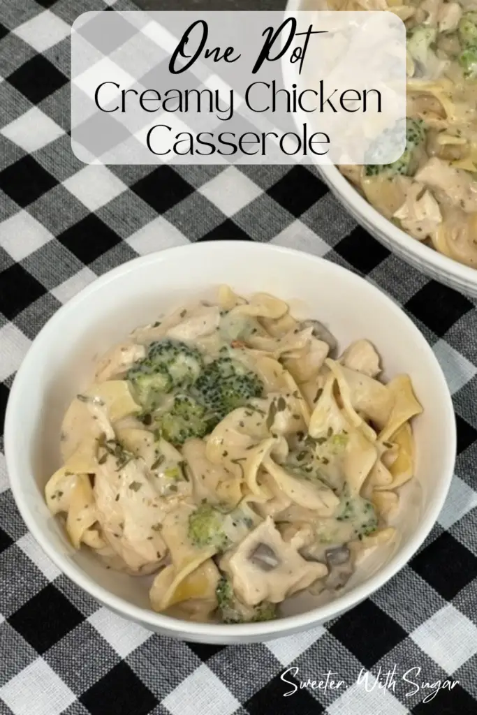 One Pot Creamy Chicken Casserole is a quick and simple dinner for busy weeknights. Just 25 minutes and dinner is served. This casserole is filled with delicious ingredients. The tender chicken, onion, broccoli and seasonings make this a yummy comfort food recipe. #OnePanDinners #Casseroles #ChickenCasseroles #EasyDinnerIdeas #QuickDinnerRecipes