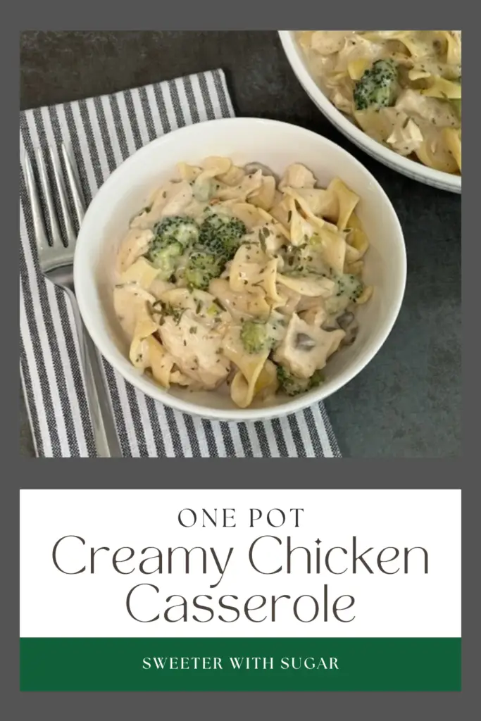 One Pot Creamy Chicken Casserole is a quick and simple dinner for busy weeknights. Just 25 minutes and dinner is served. This casserole is filled with delicious ingredients. The tender chicken, onion, broccoli and seasonings make this a yummy comfort food recipe. #OnePanDinners #Casseroles #ChickenCasseroles #EasyDinnerIdeas #QuickDinnerRecipes