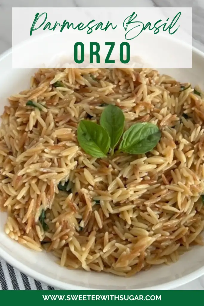 We love orzo pasta-it's just fun! This Parmesan Basil Orzo combines all the right flavors together in a delicious side dish. You can pair this side with chicken, fish, or beef. #OrzoRecipes #EasySides #VersatileSideDishRecipes #PastaRecipes #Basil #ParmesanCheese