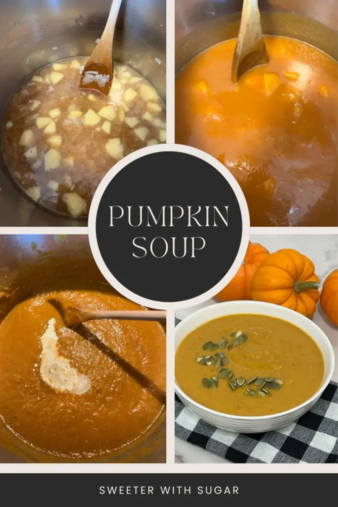 Pumpkin Soup is a yummy soup-perfect for fall. The spices and added apple give this soup an extra good flavor. #FallSoup #FallRecipes #HowToUsePumpkins #CookingWithPumpkin #ComfortFoodRecipes #EasySoup