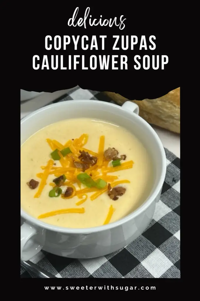 Wisconsin Cauliflower Soup is a creamy and delicious copycat recipe of Zupas delicious soup. It is a great comfort food recipe you will love. #Zupas #WisconsinCauliflowerSoup #Copycat #Soup #ComfortFood