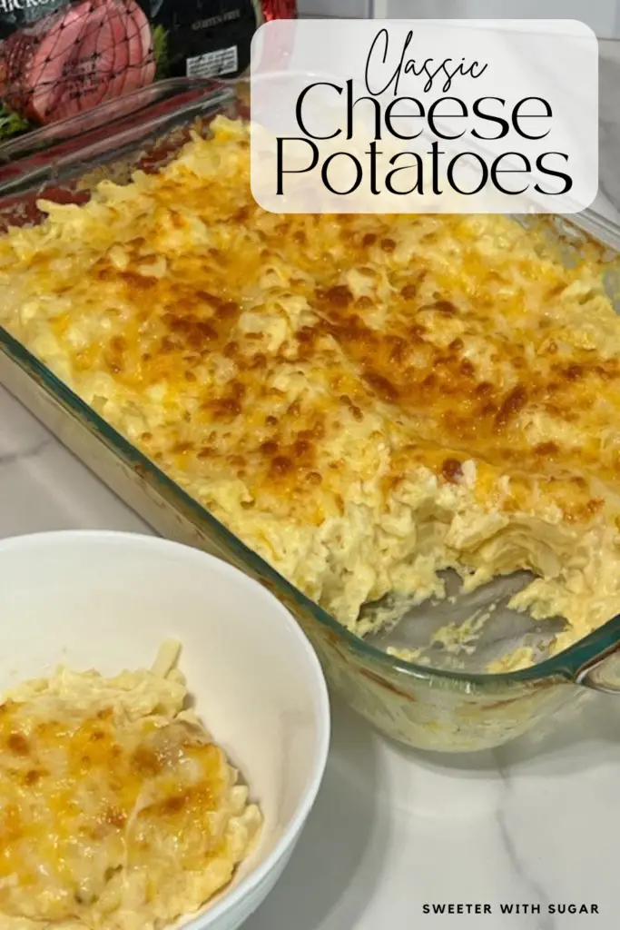 Cheese Potatoes are a simple and comforting side dish recipe. These potatoes go well with ham, chicken or beef. #ComfortFood #PotatoSides #FuneralPotatoes #CheesyPotatoRecipes