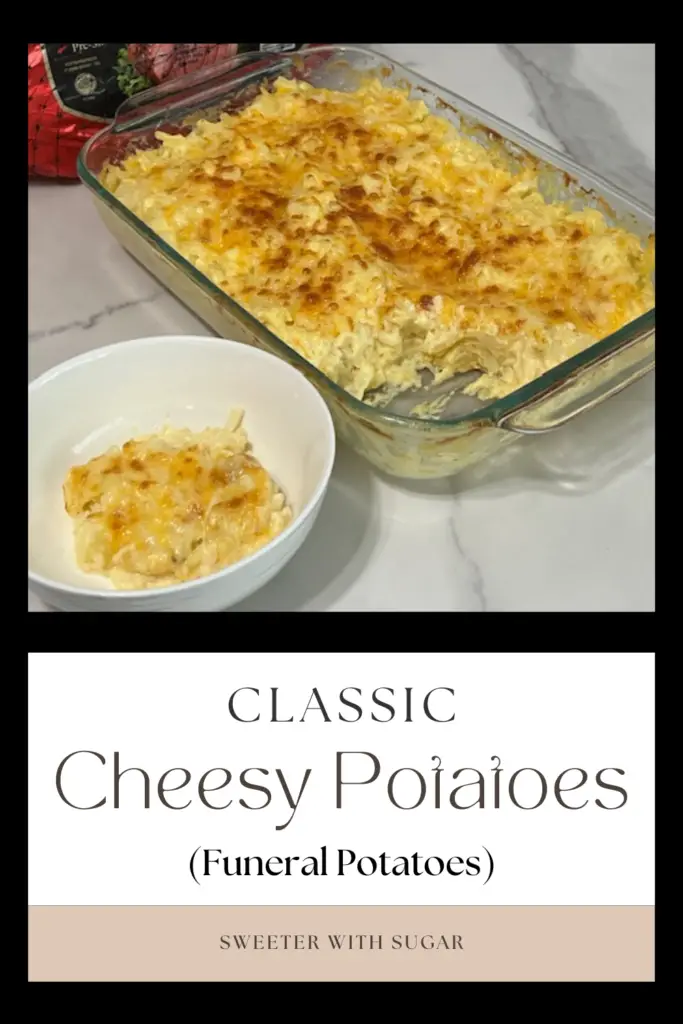 Cheese Potatoes are a simple and comforting side dish recipe. These potatoes go well with ham, chicken or beef. #ComfortFood #PotatoSides #FuneralPotatoes #CheesyPotatoRecipes