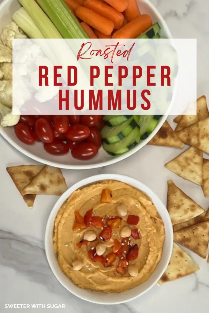 This Roasted Red Pepper Hummus is a must try. It is easy to make and has great flavor. With only eight ingredients, you can make this quickly and enjoy a healthy snack with your family and friends. #Hummus #RedPepperHummus #HomemadeHummusRecipe #EasyAppetizers
