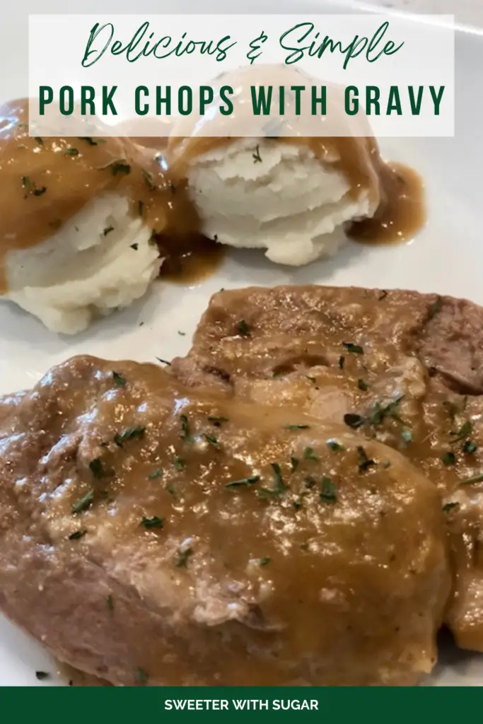 These Simple Pork Chops are the best! It is an easy dump and go dinner recipe for the slow cooker. The gravy is amazing and the pork chops come out so tender. I love this meal for dinner and how fast it is to put together! #SlowCookerRecipes #PorkChopsInTheSlowCooker #PorkChopsAndGravy #EasyDinnerIdea