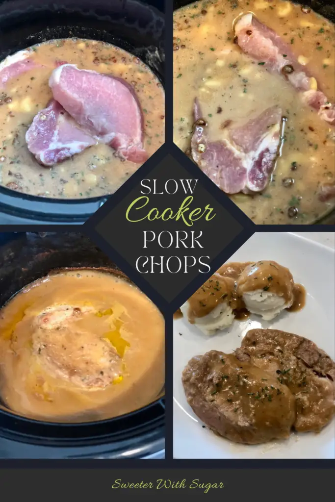 These Simple Pork Chops are the best! It is an easy dump and go dinner recipe for the slow cooker. The gravy is amazing and the pork chops come out so tender. I love this meal for dinner and how fast it is to put together! #SlowCookerRecipes #PorkChopsInTheSlowCooker #PorkChopsAndGravy #EasyDinnerIdea