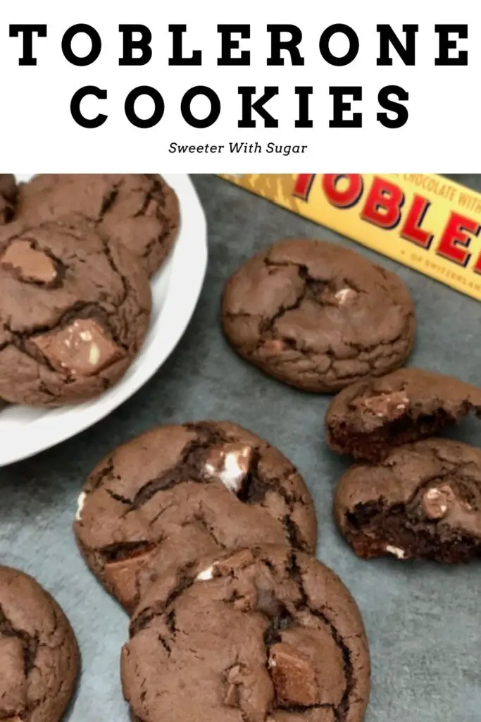 Toblerone Cookies are super simple to make and they taste fantastic with pieces of Toblerone candy bars mixed in. #Toblerone #TobleroneCookies #CandyBarCookies #CakeMixCookies #ChocolateCookies