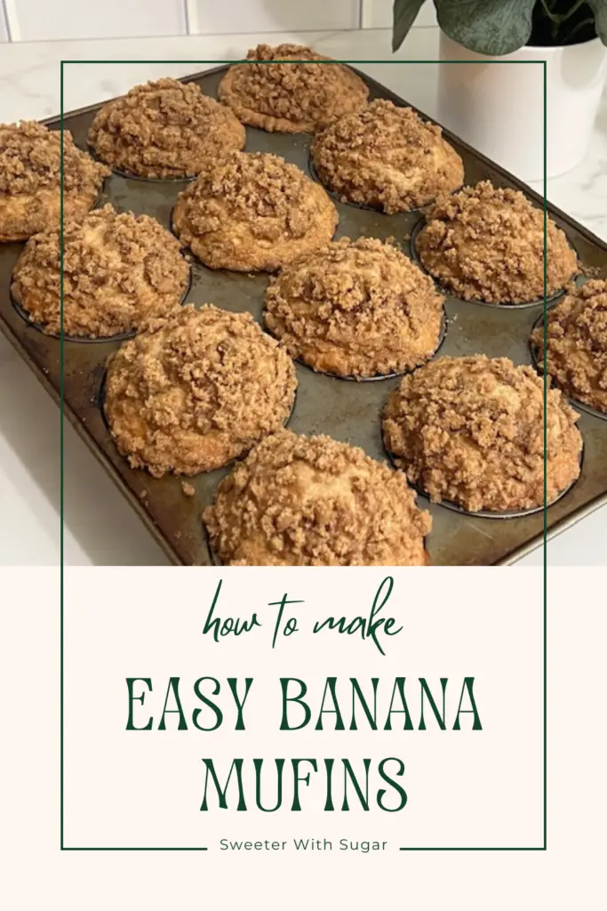 Easy Banana Muffins are quick to make and super moist. This recipe is a great way to use overripe bananas. #HowToUseOverRipeBananas #Banana Recipes #MuffinRecipes #MuffinsWithCrumbTopping