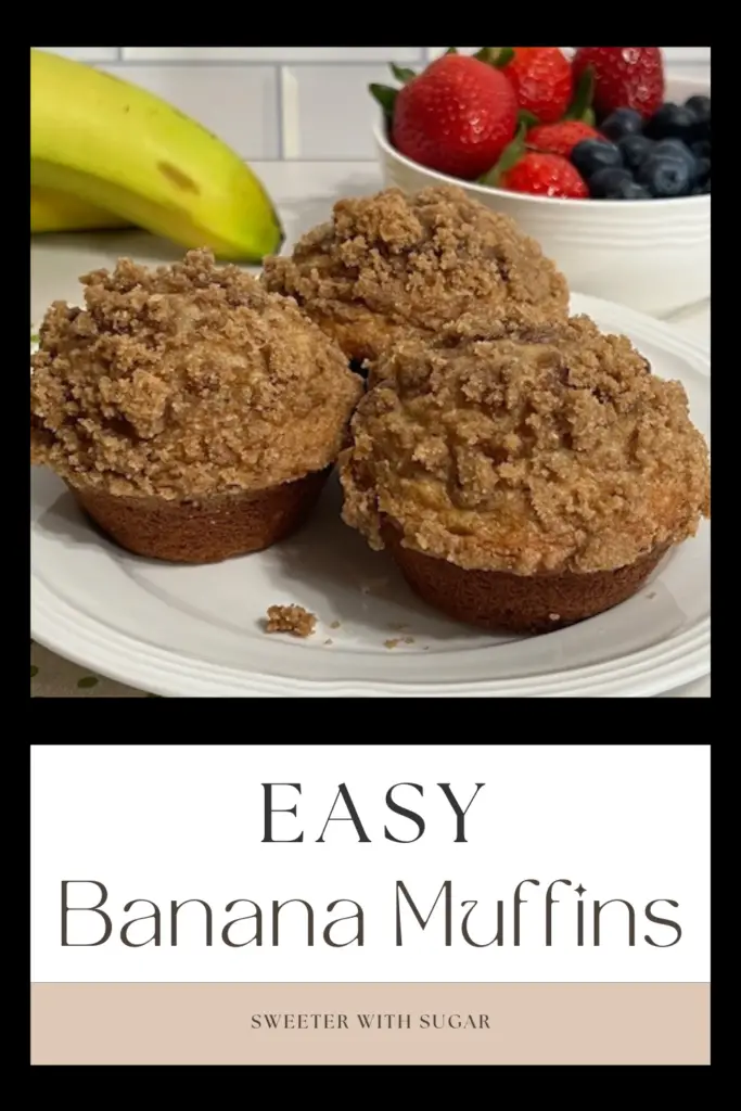 Easy Banana Muffins are quick to make and super moist. This recipe is a great way to use overripe bananas. #HowToUseOverRipeBananas #Banana Recipes #MuffinRecipes #MuffinsWithCrumbTopping