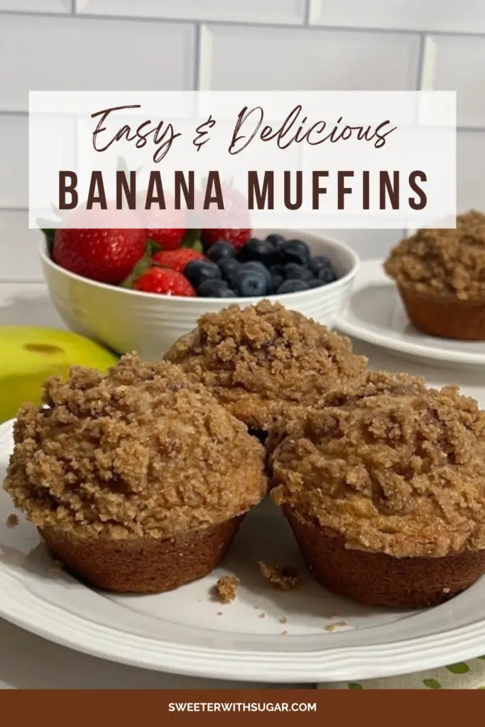 Easy Banana Muffins are quick to make and super moist. This recipe is a great way to use overripe bananas. #HowToUseOverRipeBananas #Banana Recipes #MuffinRecipes #MuffinsWithCrumbTopping