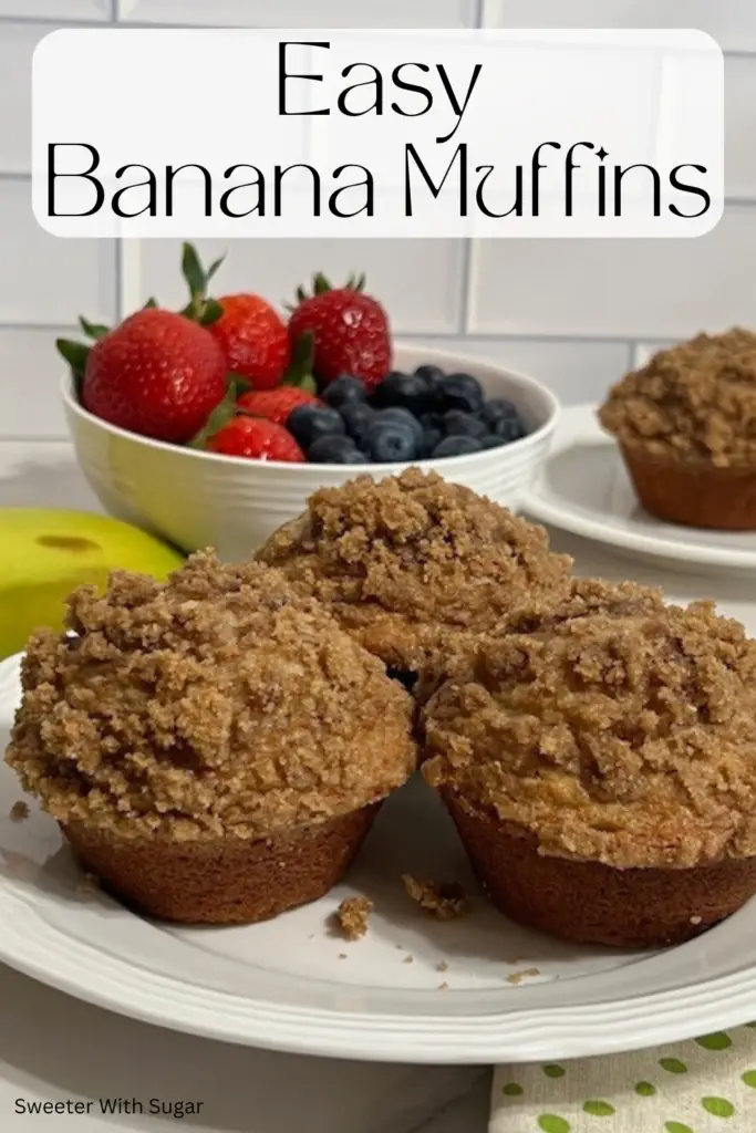 Easy Banana Muffins are quick to make and super moist. This recipe is a great way to use overripe bananas. #HowToUseOverRipeBananas #Banana Recipes #MuffinRecipes #MuffinsWithCrumbTopping