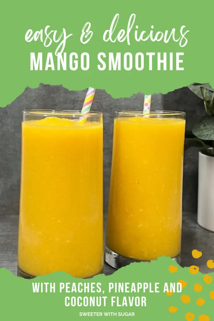 The tropical taste of this creamy Mango Smoothie is perfect for summer and anytime of the year. This smoothie is blended with mangoes, peaches, pineapple and coconut water, this smoothie is both refreshing and nutritious. Perfect for breakfast, a snack, or a post-workout drink, it's packed with vitamins and natural sweetness. Quick and easy to make, it's a delicious way to stay energized all day long! #MangoSmoothie #HealthyDrinks #TropicalSmoothie #EasyRecipes #BreakfastIdeas #PostWorkoutDrink #SummerRecipes