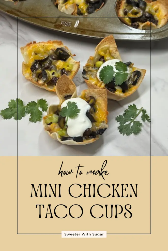 Mini Chicken Taco Cups are the perfect party appetizer or paired with a salad, a perfect dinner. These bite-sized delights are packed with flavorful chicken, fresh toppings, and served in crispy taco cups. Easy to make and sure to please! #MiniTacoCups #ChickenTacos #PartyAppetizers #EasyRecipes #BiteSizedDelights #FingerFoods #TacoLovers #AppetizerIdeas