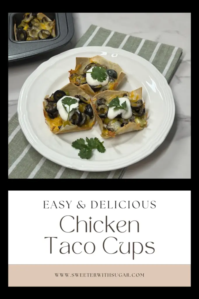 Mini Chicken Taco Cups are the perfect party appetizer or paired with a salad, a perfect dinner. These bite-sized delights are packed with flavorful chicken, fresh toppings, and served in crispy taco cups. Easy to make and sure to please! #MiniTacoCups #ChickenTacos #PartyAppetizers #EasyRecipes #BiteSizedDelights #FingerFoods #TacoLovers #AppetizerIdeas