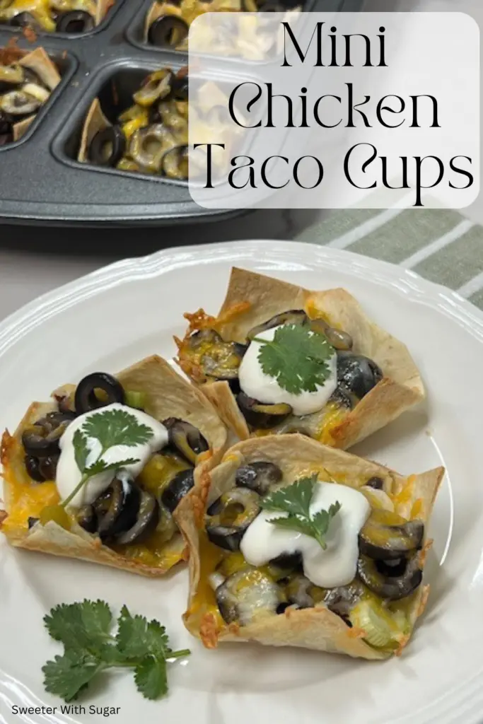 Mini Chicken Taco Cups are the perfect party appetizer or paired with a salad, a perfect dinner. These bite-sized delights are packed with flavorful chicken, fresh toppings, and served in crispy taco cups. Easy to make and sure to please! #MiniTacoCups #ChickenTacos #PartyAppetizers #EasyRecipes #BiteSizedDelights #FingerFoods #TacoLovers #AppetizerIdeas