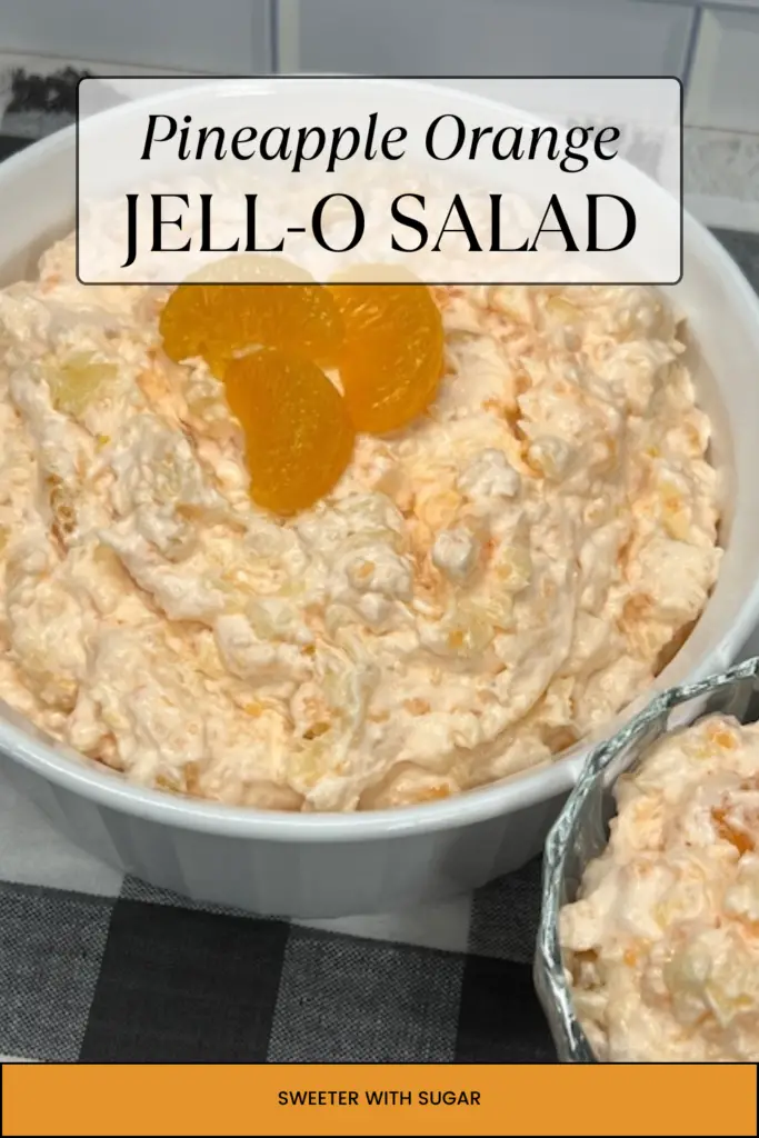 This Pineapple Orange Jell-O Salad recipe is not only delicious it is pretty! You will love this salad as part of any meal. A nostalgic favorite, this salad combines juicy pineapple, orange Jell-O, mandarin oranges, pudding and creamy whipped topping for a refreshing and sweet fruit salad, side dish or even dessert. Perfect for potlucks, family gatherings, or holiday meals, this easy-to-make salad is a crowd-pleaser that adds a burst of color and flavor to any occasion. #JelloSalad #PineappleOrangeSalad #PotluckRecipes #RetroRecipes #EasyDesserts #FamilyFavorites #HolidayRecipes