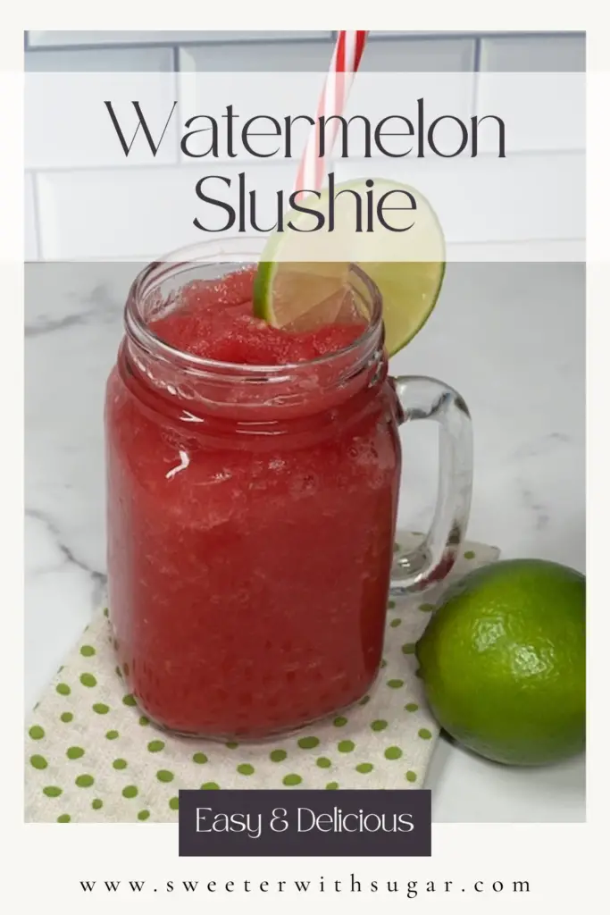 Watermelon Slushies are sweet and refreshing! Made with fresh, juicy watermelon and a hint of fresh lime. This icy drink is the perfect summer treat. Easy to prepare and naturally sweet, it's a hydrating way to stay cool on hot days. Perfect for kids and adults alike! #WatermelonSlushie #SummerDrinks #RefreshingRecipes #EasyRecipes #HealthyDrinks #SummerTreats #Hydrating