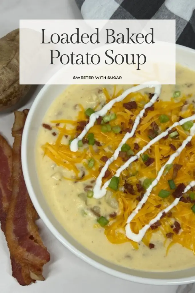 Warm up with this comforting and creamy Loaded Baked Potato Soup recipe! Packed with tender potatoes, crispy bacon, cheddar cheese, and topped with sour cream, this hearty soup is the ultimate comfort food. Perfect for chilly nights or family dinners, it's easy to make and loaded with all your favorite baked potato toppings. #LoadedPotatoSoup #ComfortFood #BakedPotatoSoup #EasyDinner #SoupRecipes #CozyMeals #HeartySoups