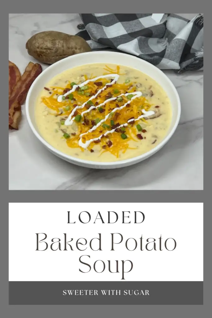 Warm up with this comforting and creamy Loaded Baked Potato Soup recipe! Packed with tender potatoes, crispy bacon, cheddar cheese, and topped with sour cream, this hearty soup is the ultimate comfort food. Perfect for chilly nights or family dinners, it's easy to make and loaded with all your favorite baked potato toppings. #LoadedPotatoSoup #ComfortFood #BakedPotatoSoup #EasyDinner #SoupRecipes #CozyMeals #HeartySoups