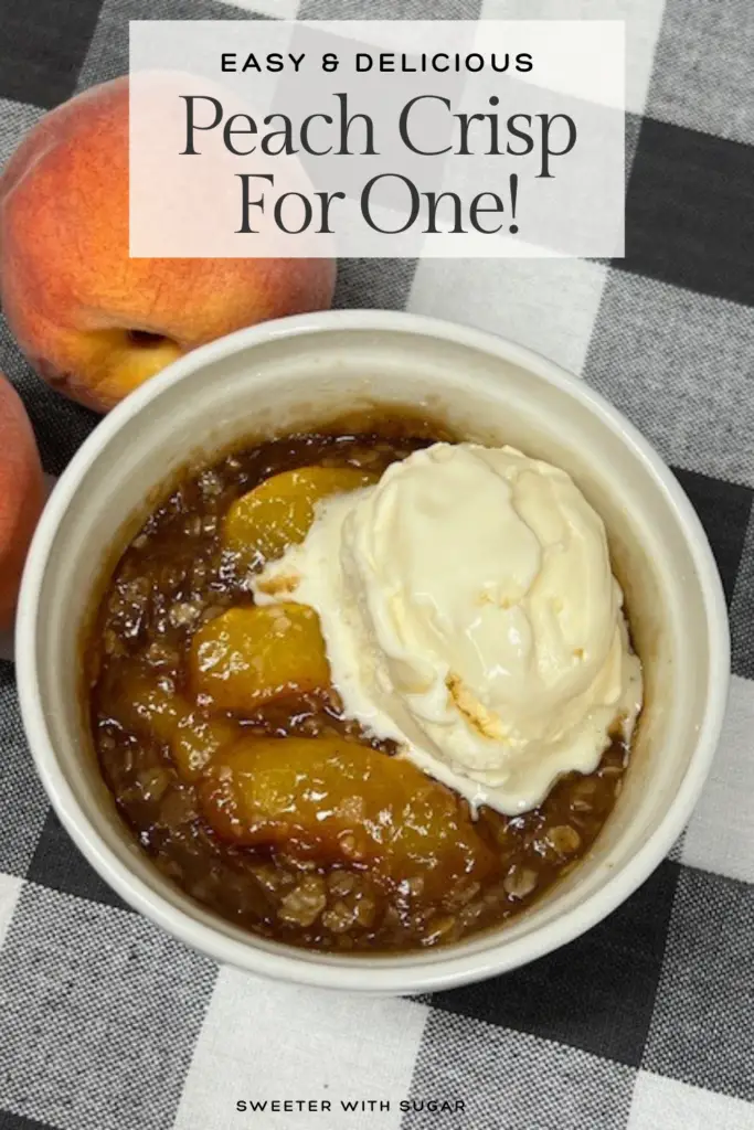 You must try this quick and easy Peach Crisp for One recipe! Made with juicy peaches and a buttery, crumbly oat topping, this single-serving dessert is the perfect way to enjoy a warm, comforting treat without leftovers. Ready in minutes, it’s ideal for a cozy night. #PeachCrispForOne #SingleServingDesserts #QuickDesserts #EasyRecipes #PeachDessert #ComfortFood #SoloTreats