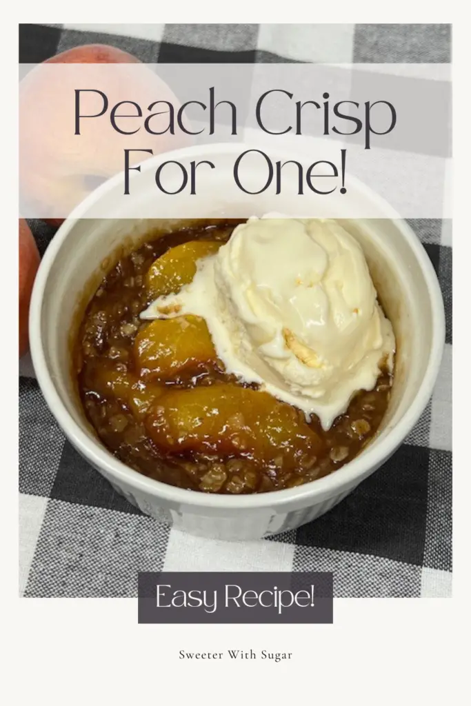 You must try this quick and easy Peach Crisp for One recipe! Made with juicy peaches and a buttery, crumbly oat topping, this single-serving dessert is the perfect way to enjoy a warm, comforting treat without leftovers. Ready in minutes, it’s ideal for a cozy night. #PeachCrispForOne #SingleServingDesserts #QuickDesserts #EasyRecipes #PeachDessert #ComfortFood #SoloTreats