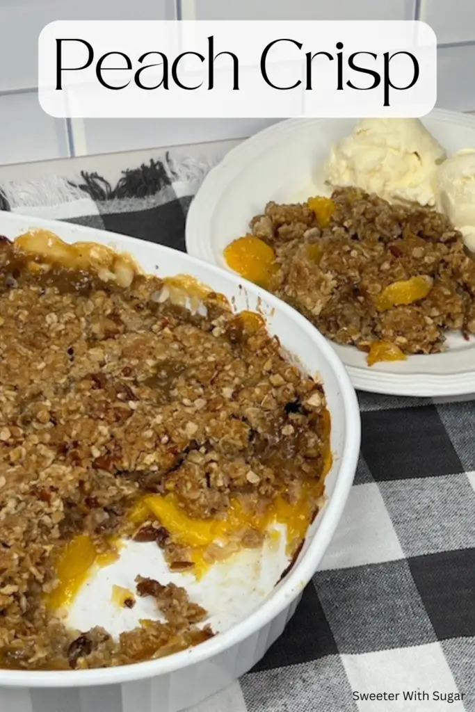 Peach Crisp is full of sweet, juicy peaches and baked under a buttery, golden oat topping for the perfect combination of soft fruit and crunchy texture. Easy to make and bursting with flavor, this dessert is ideal for family gatherings, barbecues, or a cozy night in. Serve warm with a scoop of vanilla ice cream for an irresistible treat! #PeachCrisp #SummerDesserts #BakedFruit #EasyRecipes #ComfortFood #FruitCrisp #DessertIdeas