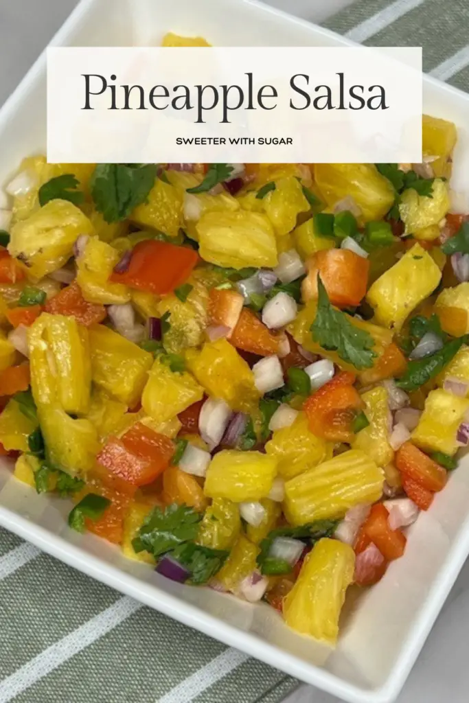 Pineapple Salsa is a simple flavorful recipe! Juicy pineapple is combined with red onion, red bell pepper, cilantro, and jalapeños for a perfect balance of sweet, tangy, and spicy flavors. Ideal for topping grilled fish, chicken, tacos, or served as a dip with chips. This tropical salsa is a refreshing addition to summer meals and gatherings.  #PineappleSalsa #FreshSalsa #TropicalRecipes #SweetAndSpicy #SummerDishes #HealthySnacks #GrilledToppings