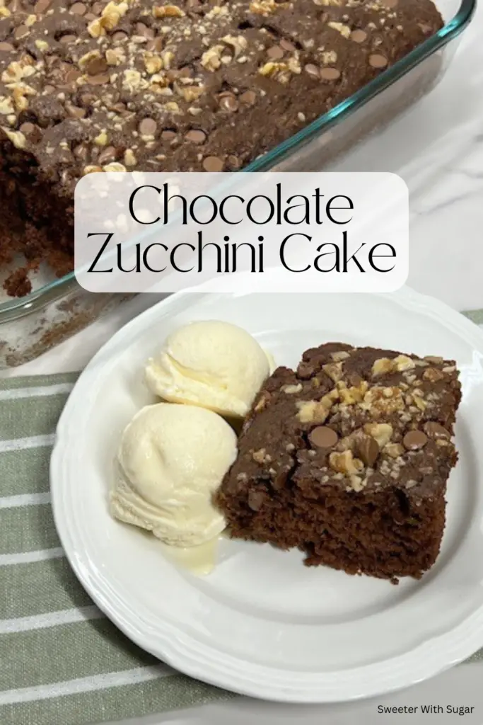 Indulge in the rich, moist goodness of this Chocolate Zucchini Cake recipe! Made with fresh zucchini and cocoa, this decadent cake is perfectly fudgy while sneaking in a healthy twist. Topped with chopped walnuts for pecans and chocolate chips. It's an easy dessert that's perfect for family gatherings, potlucks, or anytime chocolate cravings strike. #ChocolateZucchiniCake #MoistChocolateCake #EasyDesserts #HiddenVeggies #HealthyTwist #ZucchiniRecipes #DecadentDesserts