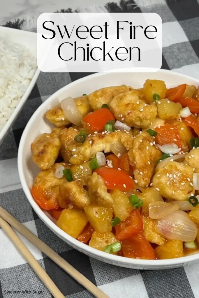 Sweet Fire Chicken Panda Copycat recipe is delicious! Crispy chicken bites are tossed in a sweet and spicy glaze with juicy pineapple, red bell peppers, and onions for the perfect flavor balance. This easy, homemade version of the restaurant classic is great for weeknight dinners and tastes even better than takeout! Serve with rice for a complete meal. #SweetFireChicken #CopycatRecipe #HomemadeTakeout #AsianInspired #EasyDinner #SweetAndSpicy #WeeknightMeals #CopycatPandaExpress