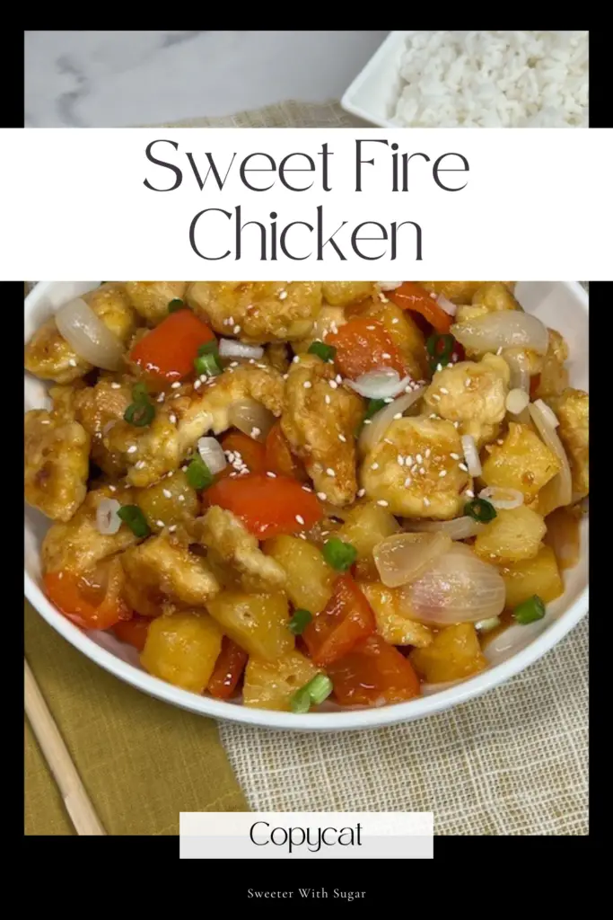 Sweet Fire Chicken Panda Copycat recipe is delicious! Crispy chicken bites are tossed in a sweet and spicy glaze with juicy pineapple, red bell peppers, and onions for the perfect flavor balance. This easy, homemade version of the restaurant classic is great for weeknight dinners and tastes even better than takeout! Serve with rice for a complete meal. #SweetFireChicken #CopycatRecipe #HomemadeTakeout #AsianInspired #EasyDinner #SweetAndSpicy #WeeknightMeals #CopycatPandaExpress