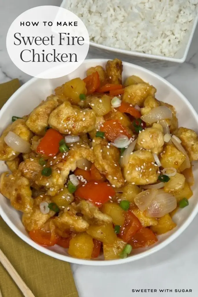 Sweet Fire Chicken Panda Copycat recipe is delicious! Crispy chicken bites are tossed in a sweet and spicy glaze with juicy pineapple, red bell peppers, and onions for the perfect flavor balance. This easy, homemade version of the restaurant classic is great for weeknight dinners and tastes even better than takeout! Serve with rice for a complete meal. #SweetFireChicken #CopycatRecipe #HomemadeTakeout #AsianInspired #EasyDinner #SweetAndSpicy #WeeknightMeals #CopycatPandaExpress