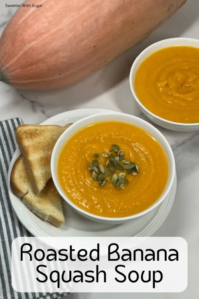 Warm up with this creamy and flavorful Roasted Banana Squash Soup recipe! Made with roasted banana squash and aromatic spices. This comforting soup is perfect for fall and winter. It's easy to make, naturally healthy, and pairs beautifully with crusty bread or a side salad. It is a cozy, satisfying dish for weeknight dinners-or anytime. #ButternutSquashSoup #ComfortFood #FallRecipes #HealthySoups #RoastedVegetables #CozyMeals #EasyDinnerIdeas