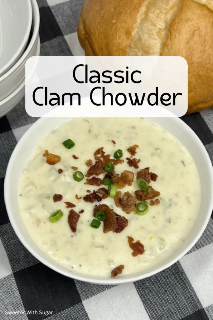 Warm up with a bowl of rich and creamy Classic Clam Chowder! This hearty New England-style soup is packed with tender clams, crispy bacon, potatoes, and a flavorful, creamy broth. Perfect for chilly nights, seafood lovers, or a comforting homemade meal. Serve with crusty bread for the ultimate experience! #ClamChowder #ClassicClamChowder #SeafoodSoup #ComfortFood #NewEnglandChowder #HomemadeSoup #CozyEats #CreamySoup