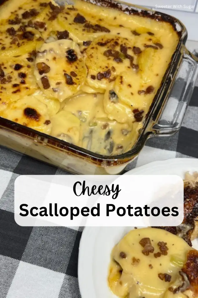 These Cheesy Scalloped Potatoes are the ultimate creamy, cheesy, comforting side dish! Made with thinly sliced potatoes baked in a rich, cheese sauce, this easy scalloped potatoes recipe is perfect for holidays, family dinners, or a side dish for dinner. Every bite is irresistibly creamy and flavorful. Top with bacon crumbles for extra deliciousness. Whether you're serving it for Thanksgiving, Christmas, or a weeknight dinner, these homemade scalloped potatoes with cheese are always a hit! 
#CheesyScallopedPotatoes #EasySideDish #ComfortFood #PotatoRecipes #ScallopedPotatoes #HolidayRecipes #CheeseLover